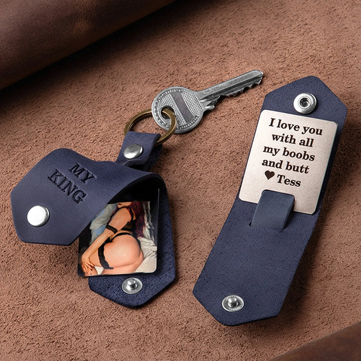Personalized Leather Photo Keychain for Men | Custom Picture Keychain Gift for Him | Engraved Leather Keyring for Boyfriend, Husband, Dad