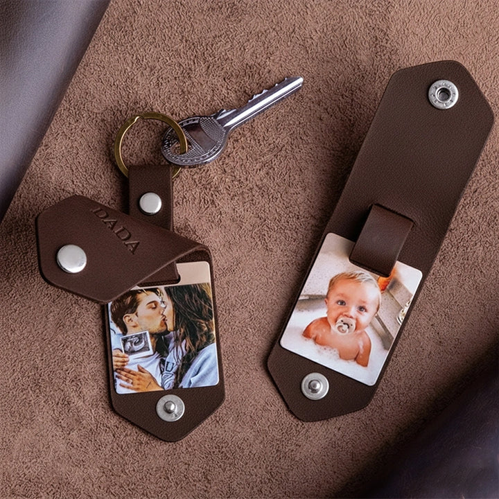 Personalized Leather Photo Keychain for Men | Custom Picture Keychain Gift for Him | Engraved Leather Keyring for Boyfriend, Husband, Dad