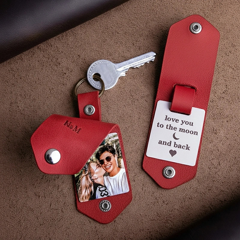 Personalized Leather Photo Keychain for Men | Custom Picture Keychain Gift for Him | Engraved Leather Keyring for Boyfriend, Husband, Dad