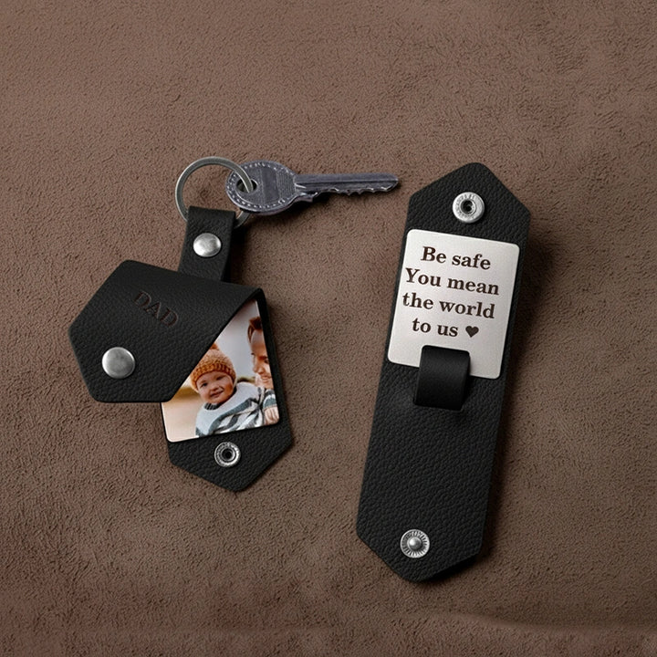 Personalized Leather Photo Keychain for Men | Custom Picture Keychain Gift for Him | Engraved Leather Keyring for Boyfriend, Husband, Dad