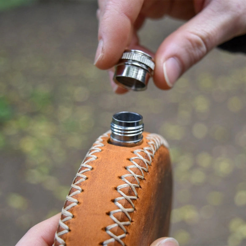 Personalized Leather Round Hip Flask – Custom Engraved Camping Flask, Groomsmen Gift, Whiskey Flask for Him