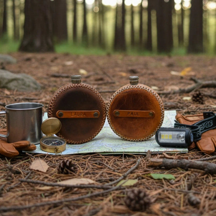 Personalized Leather Round Hip Flask – Custom Engraved Camping Flask, Groomsmen Gift, Whiskey Flask for Him