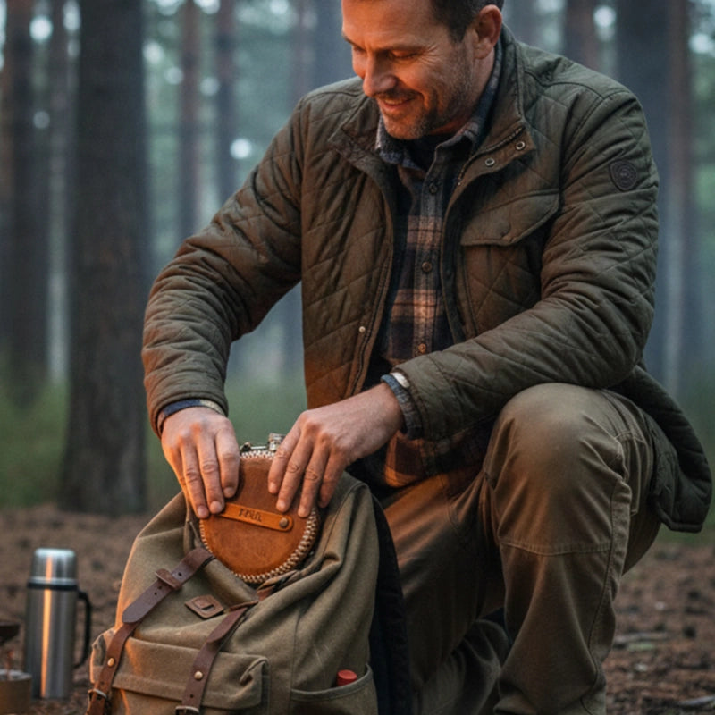 Personalized Leather Round Hip Flask – Custom Engraved Camping Flask, Groomsmen Gift, Whiskey Flask for Him