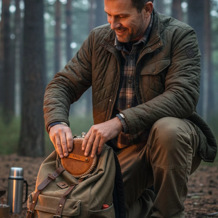 Personalized Leather Round Hip Flask – Custom Engraved Camping Flask, Groomsmen Gift, Whiskey Flask for Him