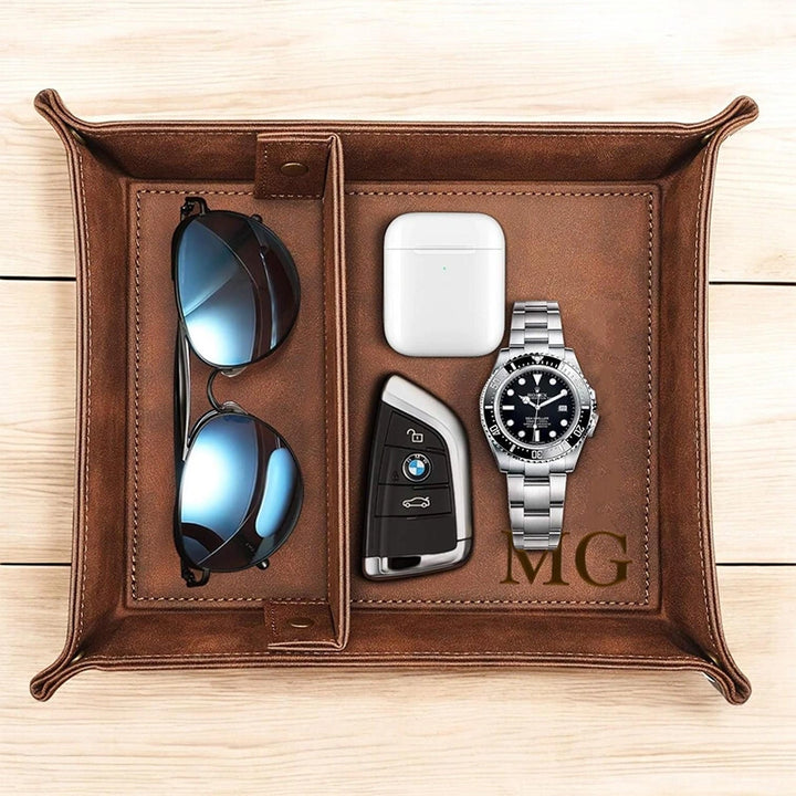 Personalized Leather Valet Tray with Divider – Custom Catchall Organizer for Wallet, Watch & Jewelry, Gift for Him