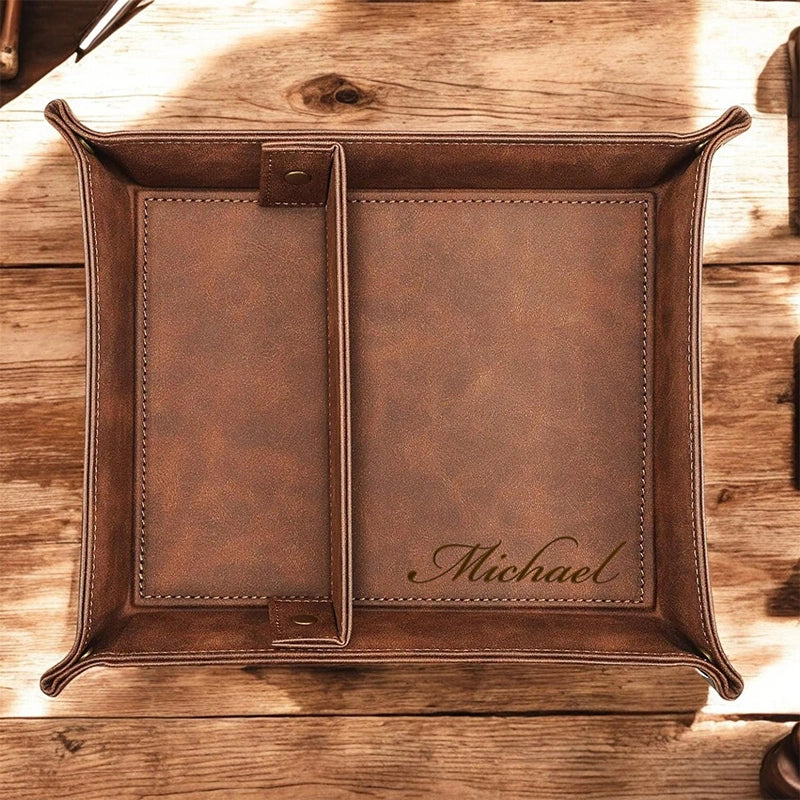 Personalized Leather Valet Tray with Divider – Custom Catchall Organizer for Wallet, Watch & Jewelry, Gift for Him