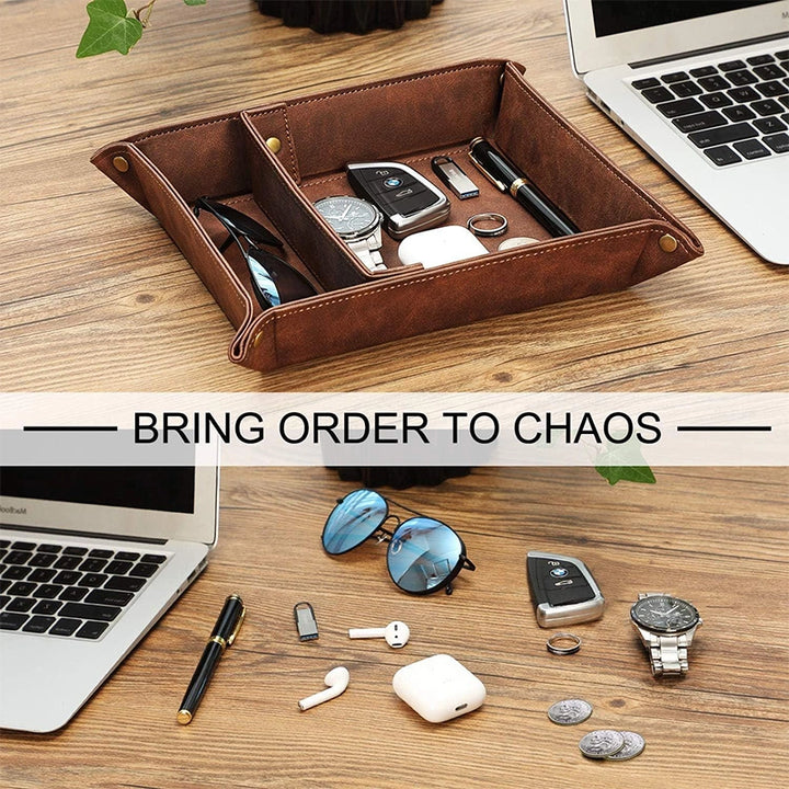 Personalized Leather Valet Tray with Divider – Custom Catchall Organizer for Wallet, Watch & Jewelry, Gift for Him
