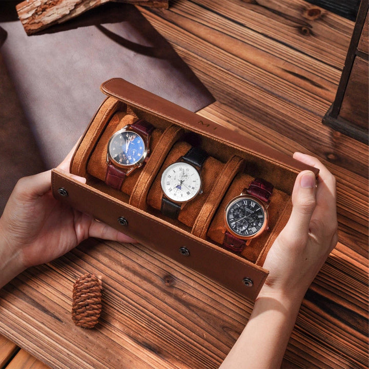Personalized Leather Watch Case for Him – Custom Vegan Leather Travel Watch Box, Engraved Watch Roll for Men, Groomsmen & Father’s Gift