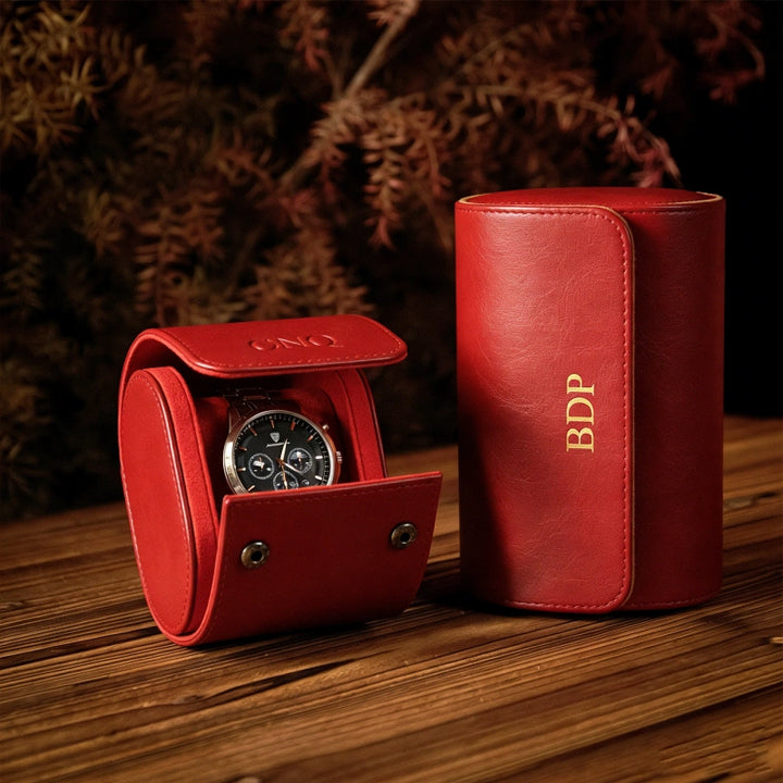 Personalized Leather Watch Case for Him – Custom Vegan Leather Travel Watch Box, Engraved Watch Roll for Men, Groomsmen & Father’s Gift