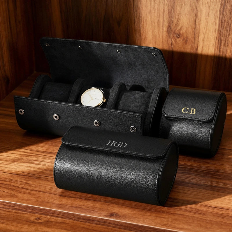 Personalized Leather Watch Case for Him – Custom Vegan Leather Travel Watch Box, Engraved Watch Roll for Men, Groomsmen & Father’s Gift