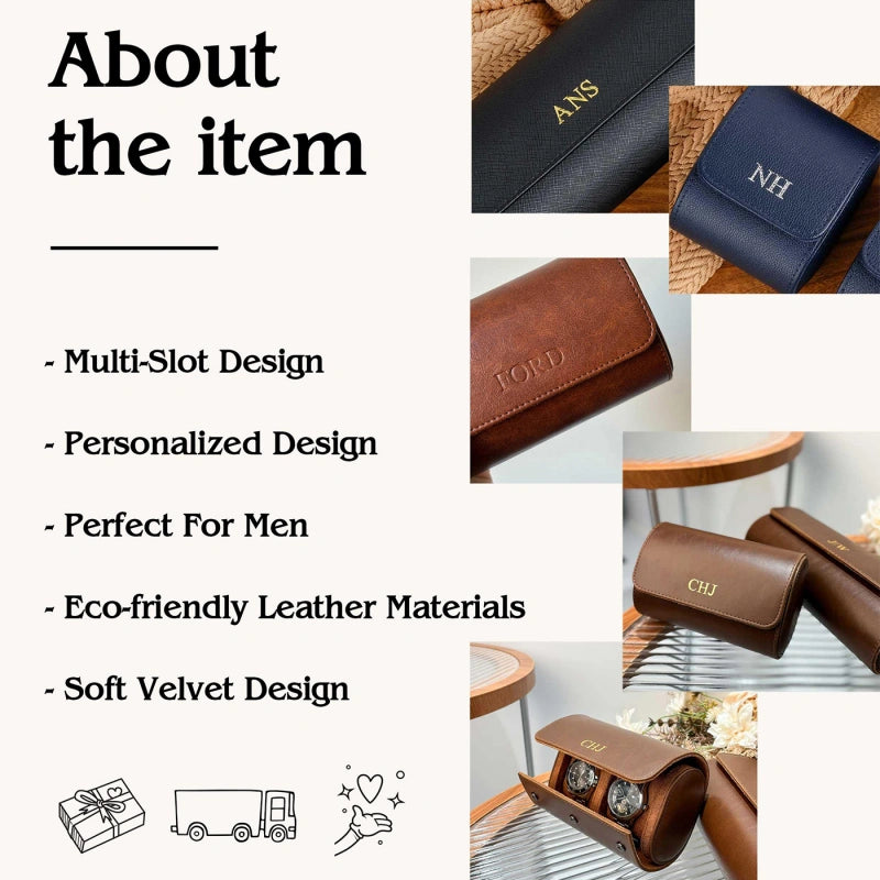 Personalized Leather Watch Case for Him – Custom Vegan Leather Travel Watch Box, Engraved Watch Roll for Men, Groomsmen & Father’s Gift