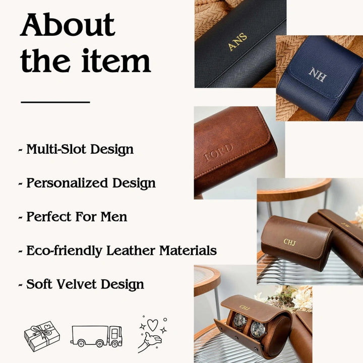 Personalized Leather Watch Case for Him – Custom Vegan Leather Travel Watch Box, Engraved Watch Roll for Men, Groomsmen & Father’s Gift
