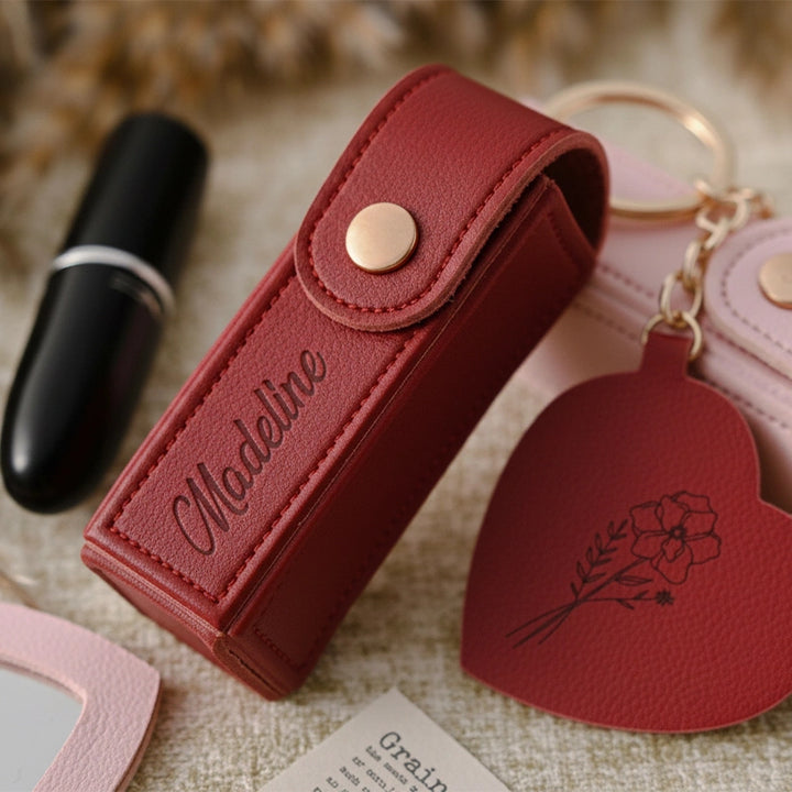 Personalized Lipstick Bag Keychain with Mirror – Custom Name PU Leather Lipstick Case, Valentine’s Day & Bridesmaid Gift