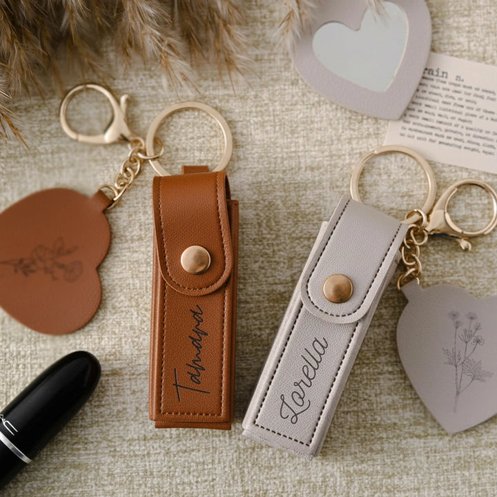 Personalized Lipstick Bag Keychain with Mirror – Custom Name PU Leather Lipstick Case, Valentine’s Day & Bridesmaid Gift