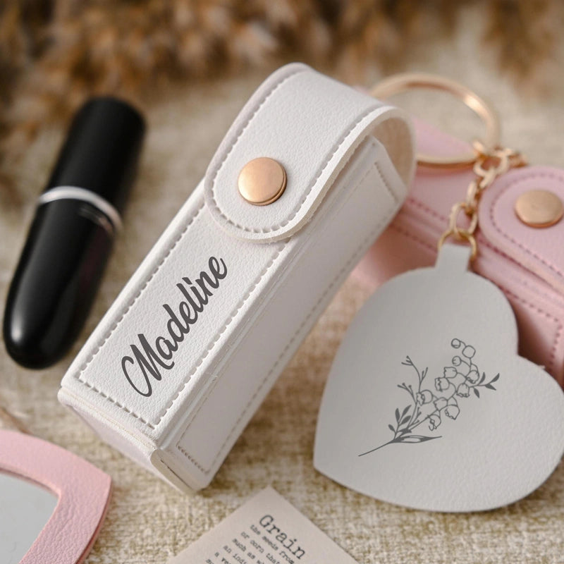 Personalized Lipstick Bag Keychain with Mirror – Custom Name PU Leather Lipstick Case, Valentine’s Day & Bridesmaid Gift