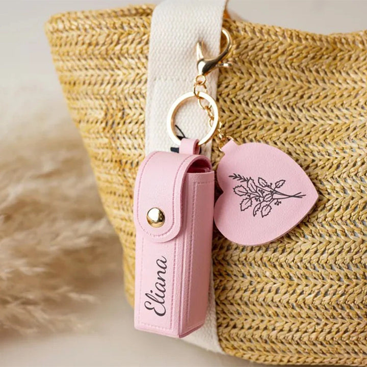 Personalized Lipstick Bag Keychain with Mirror – Custom Name PU Leather Lipstick Case, Valentine’s Day & Bridesmaid Gift