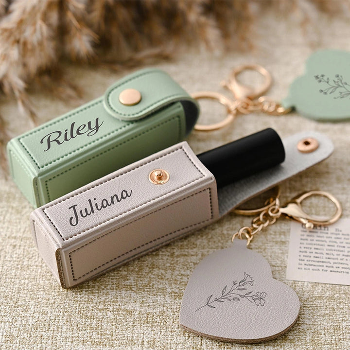 Personalized Lipstick Bag Keychain with Mirror – Custom Name PU Leather Lipstick Case, Valentine’s Day & Bridesmaid Gift