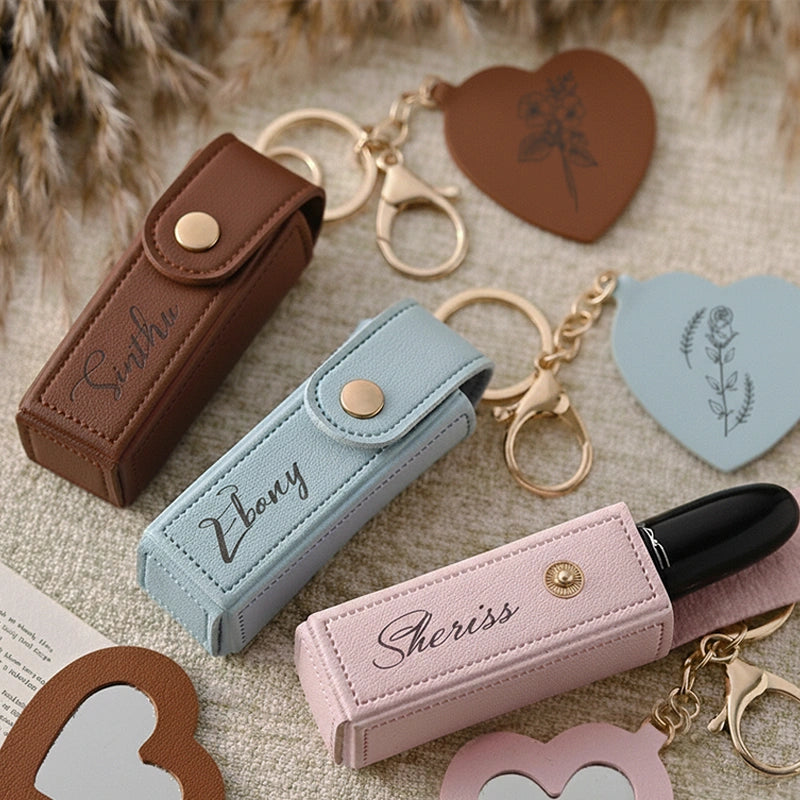 Personalized Lipstick Bag Keychain with Mirror – Custom Name PU Leather Lipstick Case, Valentine’s Day & Bridesmaid Gift