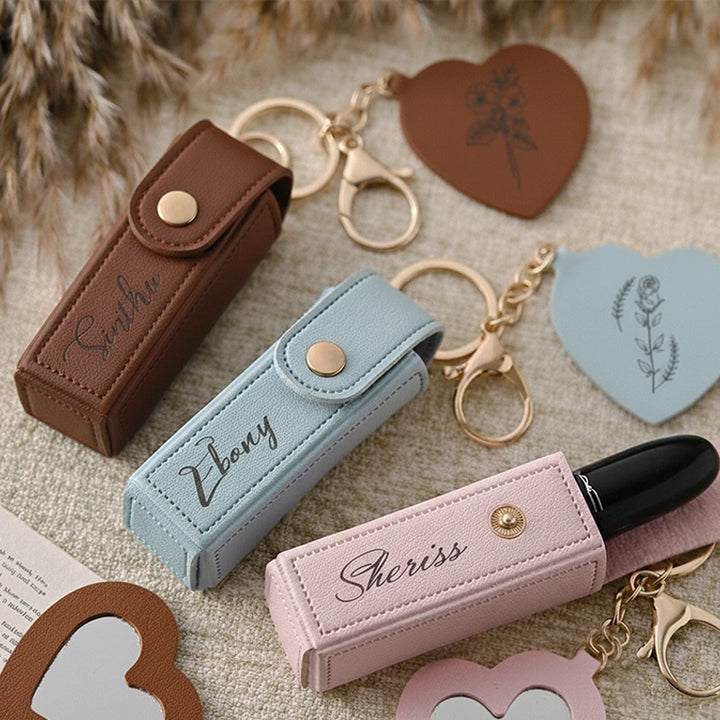 Personalized Lipstick Bag Keychain with Mirror – Custom Name PU Leather Lipstick Case, Valentine’s Day & Bridesmaid Gift