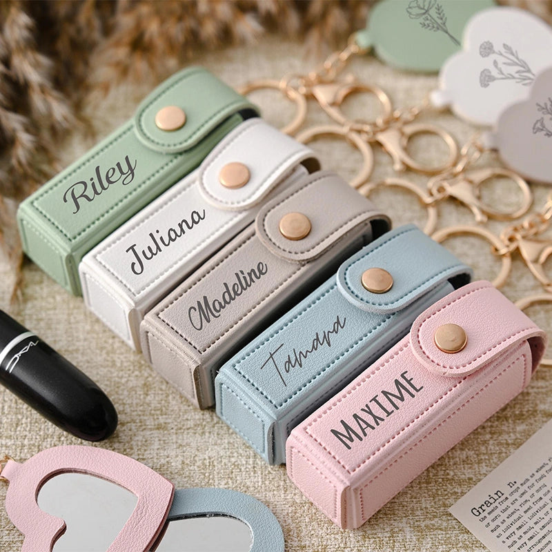 Personalized Lipstick Bag Keychain with Mirror – Custom Name PU Leather Lipstick Case, Valentine’s Day & Bridesmaid Gift