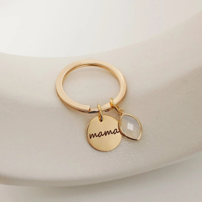 Personalized Mama Birthstone Keychain with Leaf Initial – Custom Name Keychain for Mom | Mother’s Day Gift