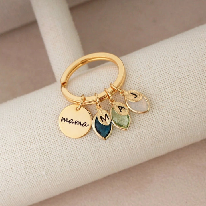 Personalized Mama Birthstone Keychain with Leaf Initial – Custom Name Keychain for Mom | Mother’s Day Gift