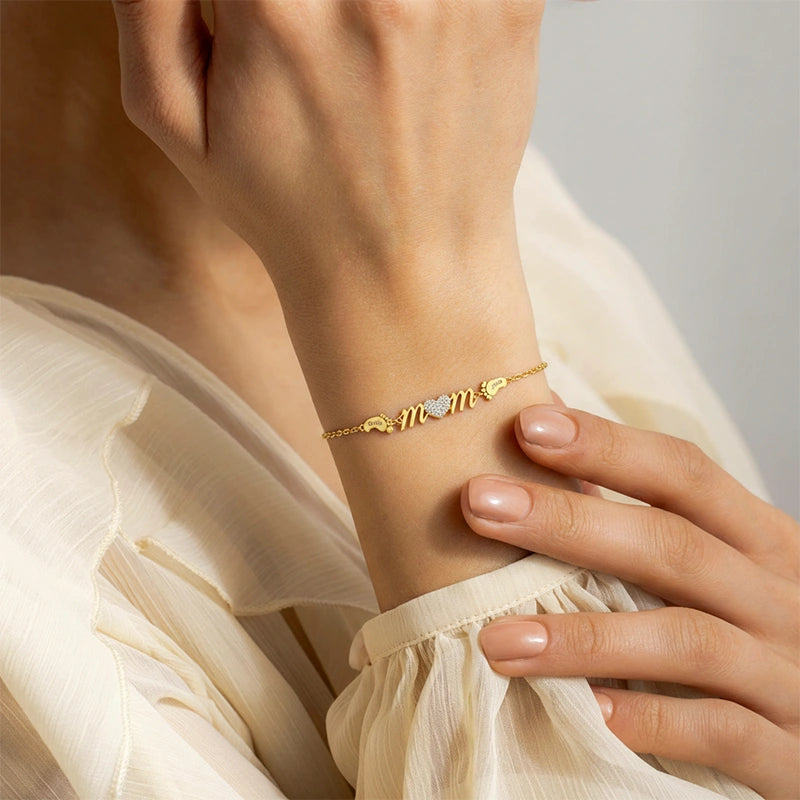 Pulseira personalizada para mãe com nome da família nos pés, presente para o dia das mães