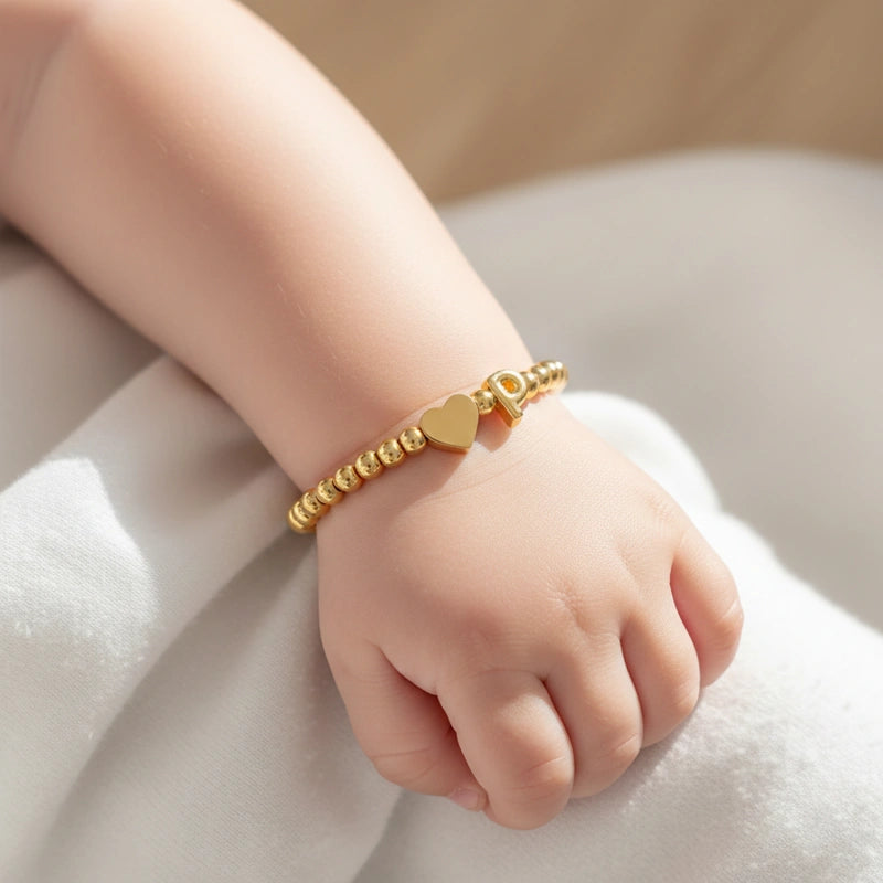 Personalized Mom & Kids Initial Bracelet – Gold Bead Matching Family Bracelet with Heart Charm