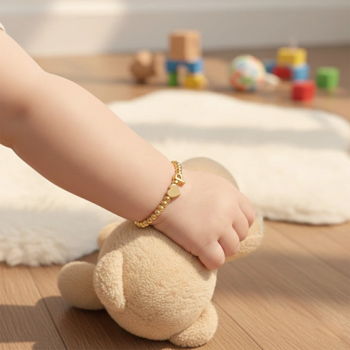 Personalized Mom & Kids Initial Bracelet – Gold Bead Matching Family Bracelet with Heart Charm