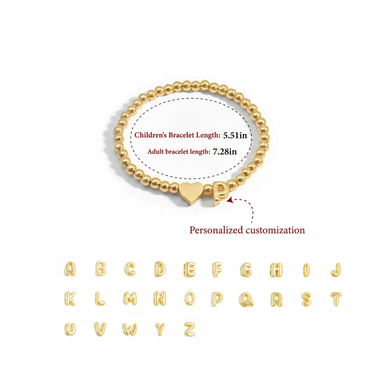 Personalized Mom & Kids Initial Bracelet – Gold Bead Matching Family Bracelet with Heart Charm