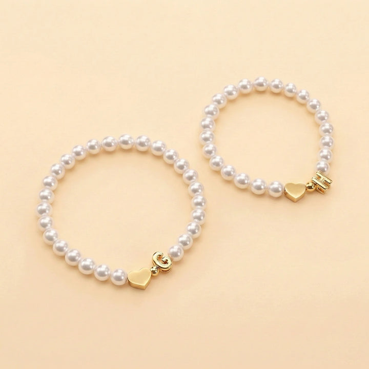 Personalized Mom & Kids Pearl Initial Bracelet – Matching Mother Daughter Bracelet with Heart Charm