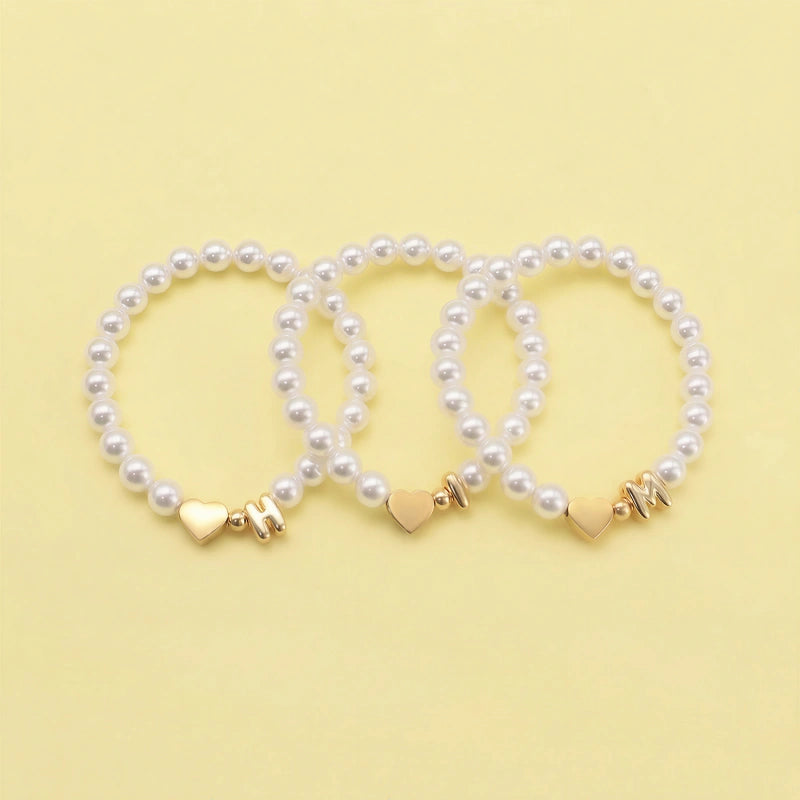 Personalized Mom & Kids Pearl Initial Bracelet – Matching Mother Daughter Bracelet with Heart Charm