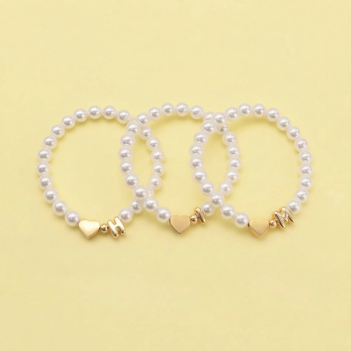 Personalized Mom & Kids Pearl Initial Bracelet – Matching Mother Daughter Bracelet with Heart Charm