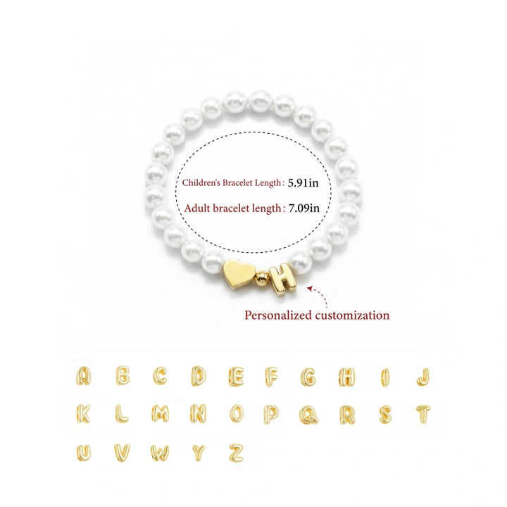 Personalized Mom & Kids Pearl Initial Bracelet – Matching Mother Daughter Bracelet with Heart Charm