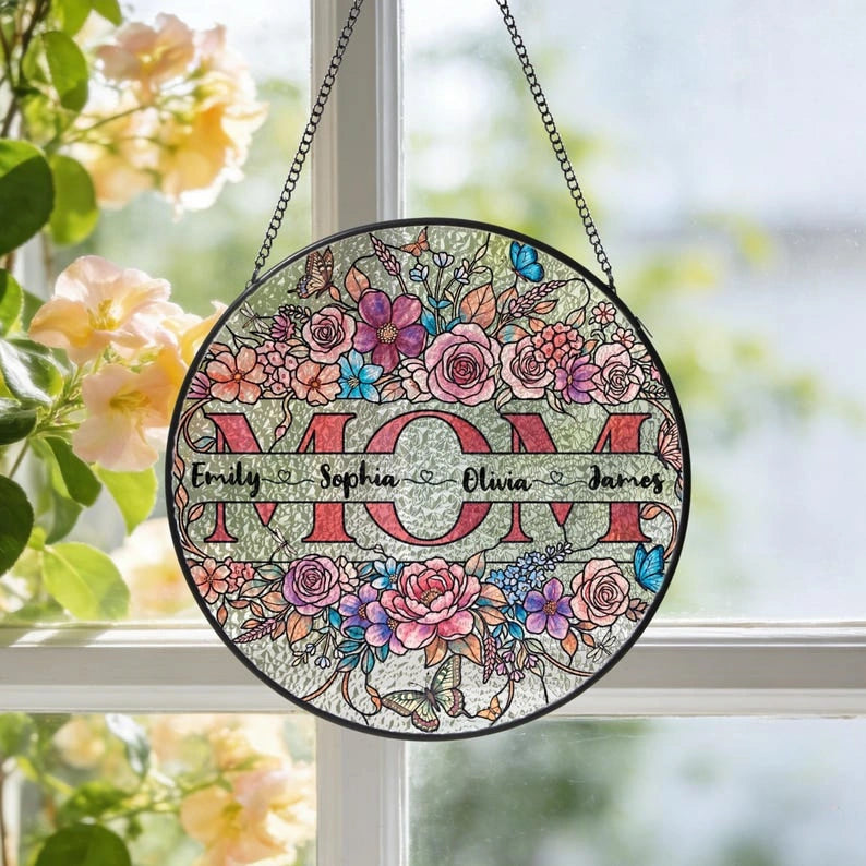 Personalized Mom Suncatcher – Custom Name Floral Stained Glass Window Hanging | Mother’s Day Gift for Mom