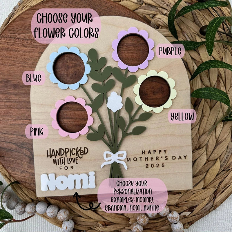 Personalized Mother’s Day Flower Photo Sign – Custom Wooden Bouquet Photo Frame Gift for Mom or Grandma