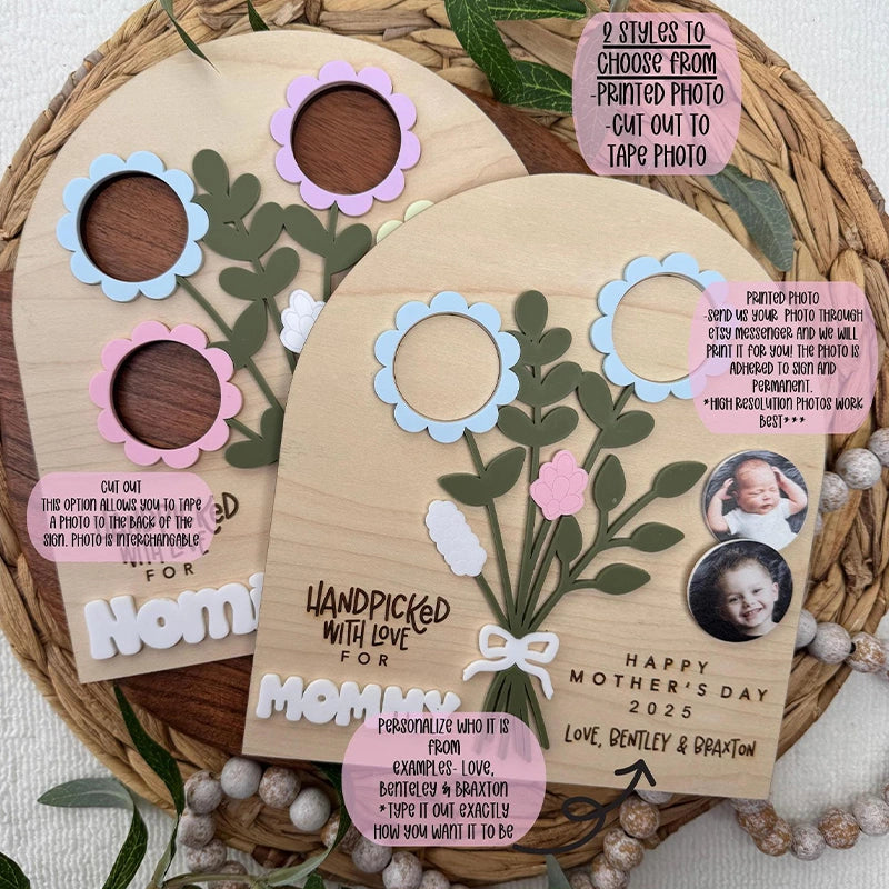 Personalized Mother’s Day Flower Photo Sign – Custom Wooden Bouquet Photo Frame Gift for Mom or Grandma