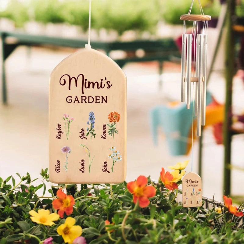 Personalized Mother’s Day Wind Chime with Birth Month Flowers – Custom Grandma Gift, Family Names Wind Chimes for Mom, Nana Garden Decor