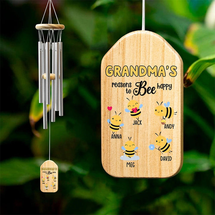 Personalized “Nana’s Reason To Bee Happy” Wind Chimes – Custom Grandma Gift with Grandkids Names