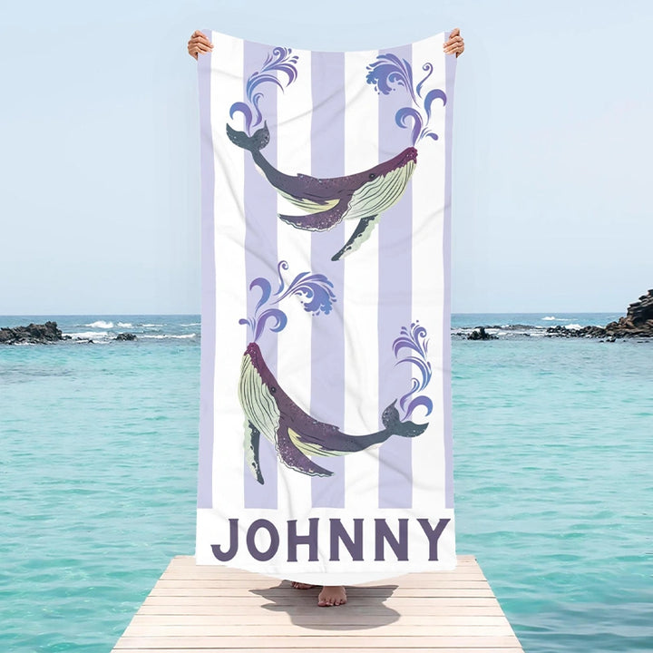 Personalized Nautical Kids Beach Towel with Name – Sea Animal Striped Pool Towel Gift