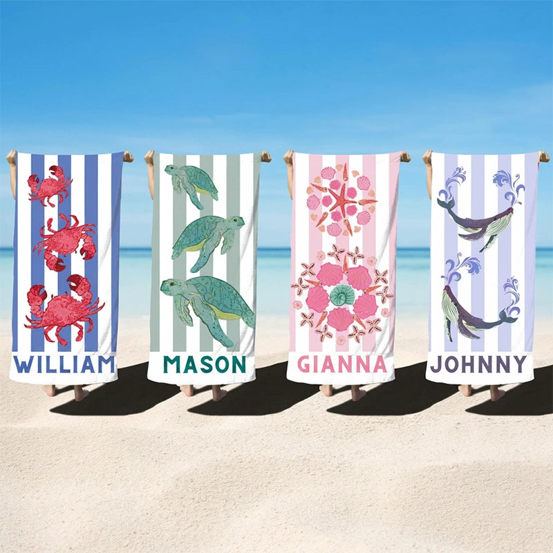 Personalized Nautical Kids Beach Towel with Name – Sea Animal Striped Pool Towel Gift