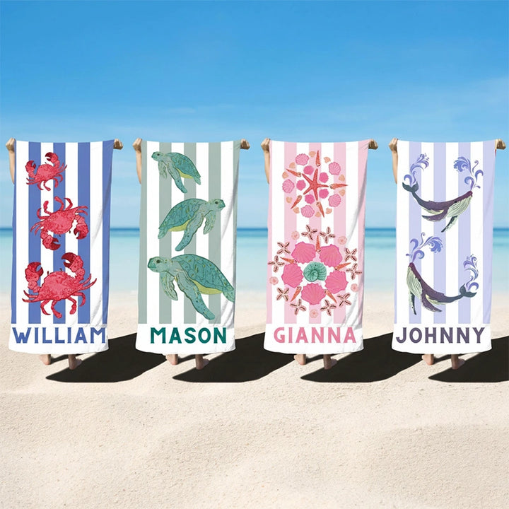 Personalized Nautical Kids Beach Towel with Name – Sea Animal Striped Pool Towel Gift