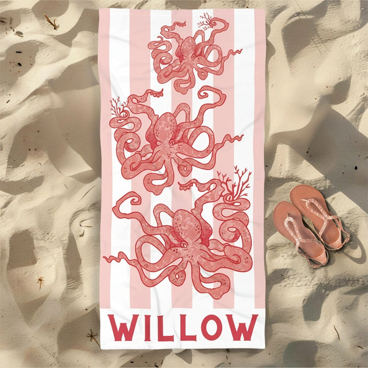 Personalized Nautical Kids Beach Towel with Name – Sea Animal Striped Pool Towel Gift