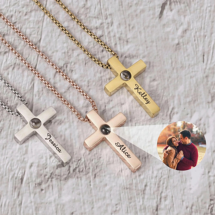 Personalized Photo Projection Cross Necklace – Custom Picture Memorial Pendant, Titanium Steel Faith Jewelry Gift for Her & Him