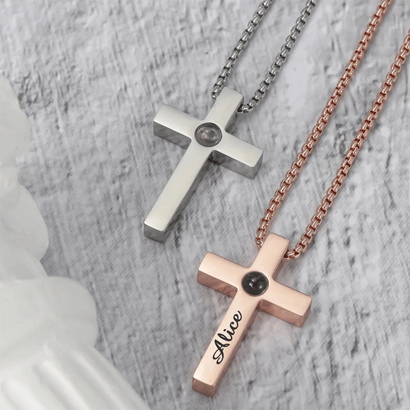 Personalized Photo Projection Cross Necklace – Custom Picture Memorial Pendant, Titanium Steel Faith Jewelry Gift for Her & Him