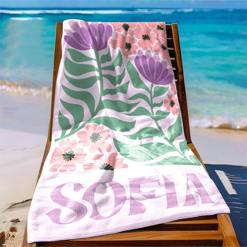 Personalized Retro Floral Beach Towel with Name – Groovy Vibes Summer Pool & Vacation Gift