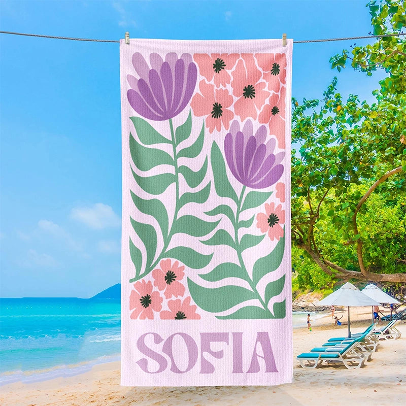 Personalized Retro Floral Beach Towel with Name – Groovy Vibes Summer Pool & Vacation Gift