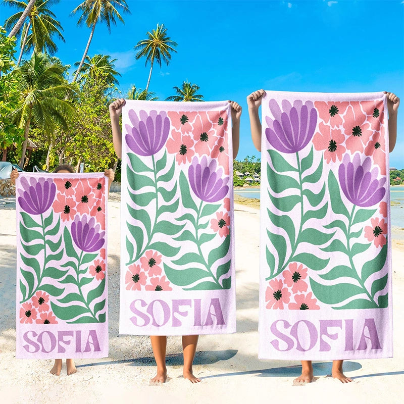 Personalized Retro Floral Beach Towel with Name – Groovy Vibes Summer Pool & Vacation Gift
