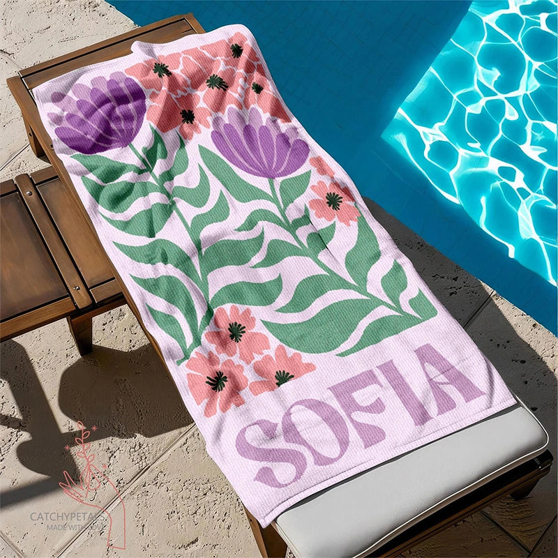 Personalized Retro Floral Beach Towel with Name – Groovy Vibes Summer Pool & Vacation Gift