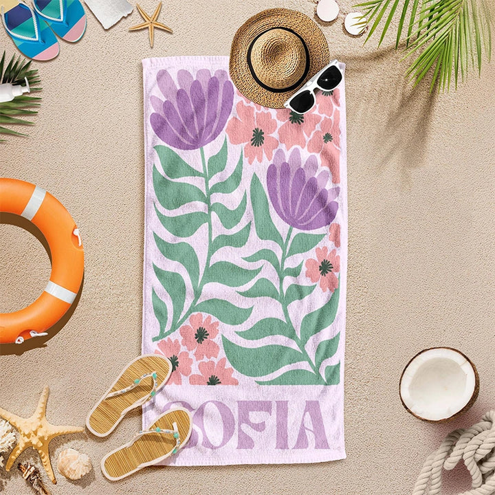 Personalized Retro Floral Beach Towel with Name – Groovy Vibes Summer Pool & Vacation Gift